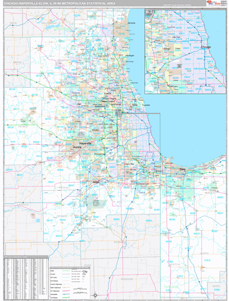 Chicago-Naperville-Elgin, IL Metro Area Wall Map